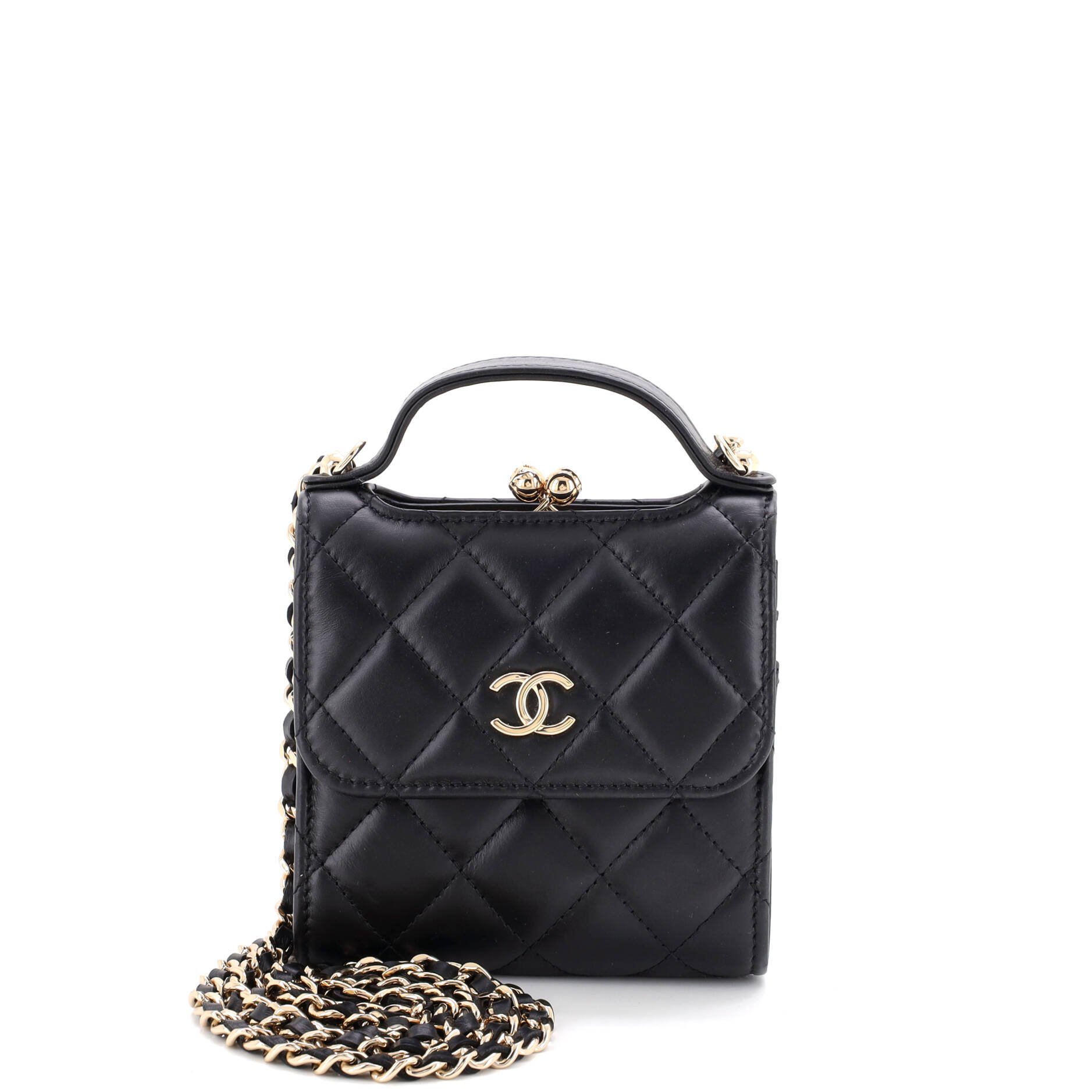 CC Kisslock Frame Top Handle Clutch with Chain Quilted Lambskin Mini
