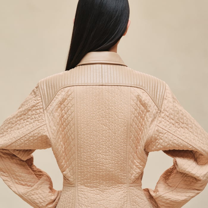Beige Cajou Short Coat With Leather Details
