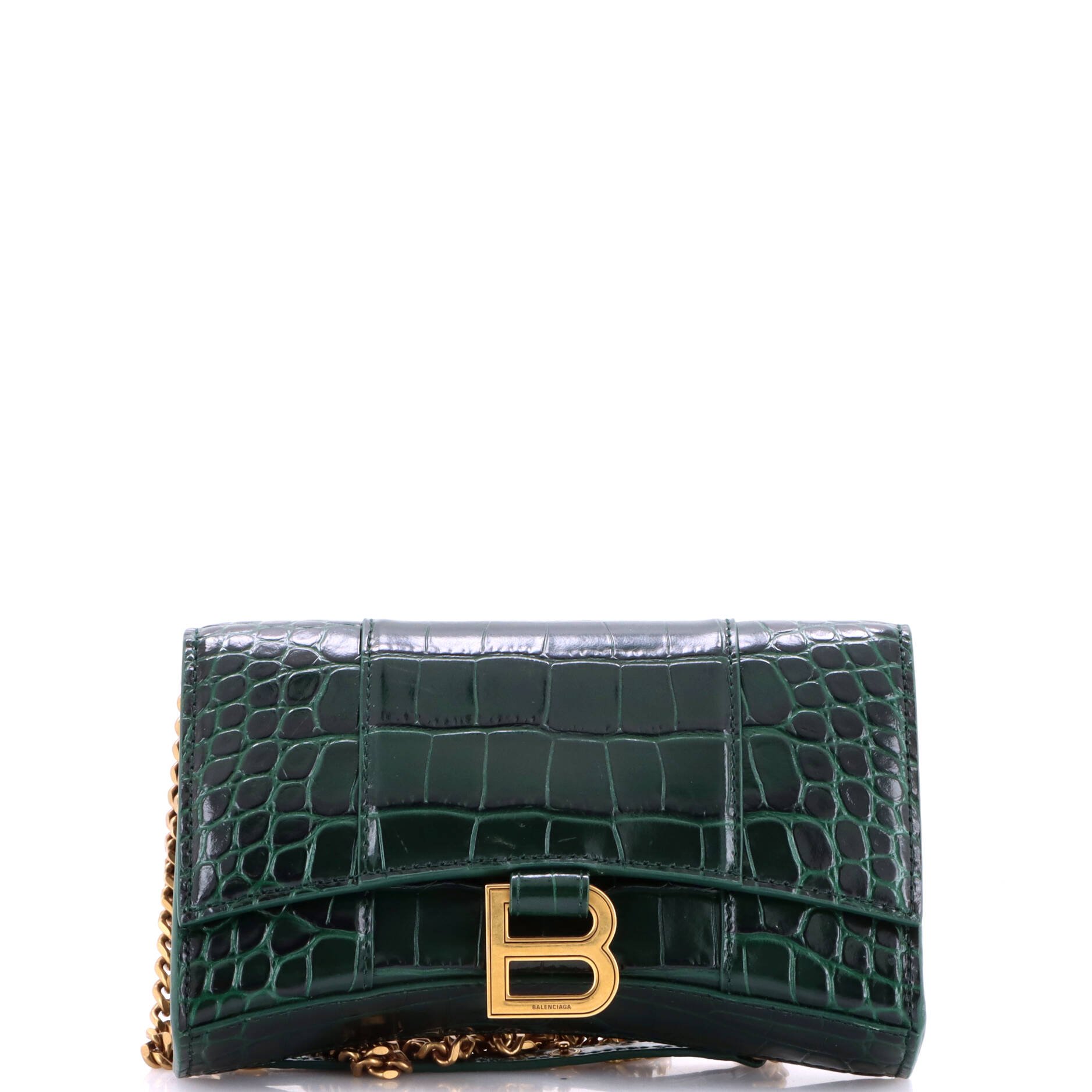 Balenciaga Hourglass Chain Wallet Crocodile Embossed Leather