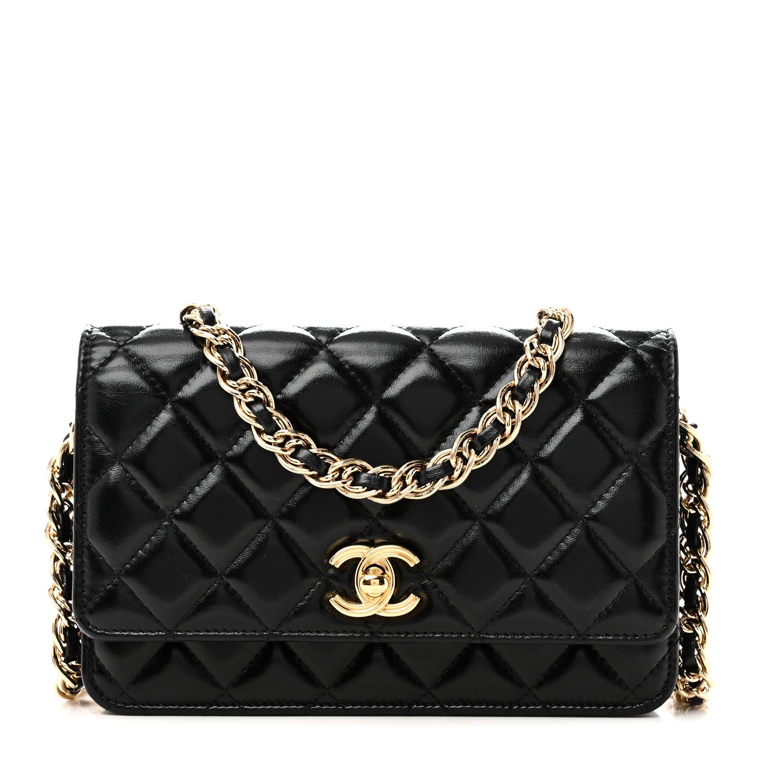 Chanel Shiny Lambskin Quilted Golden Links Wallet On Chain WOC Black