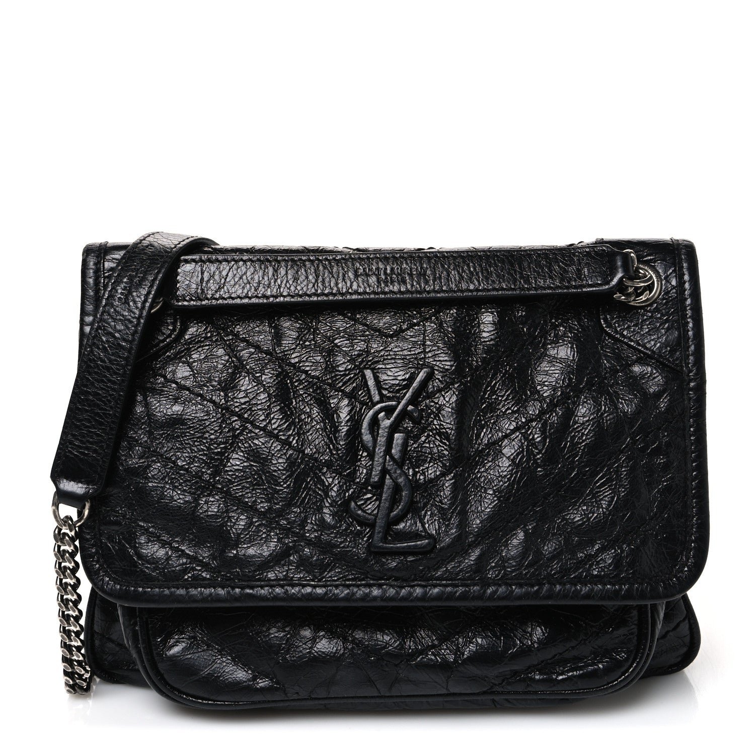 Saint Laurent Crinkled Calfskin Matelasse Monogram Baby Niki Chain Satchel Black