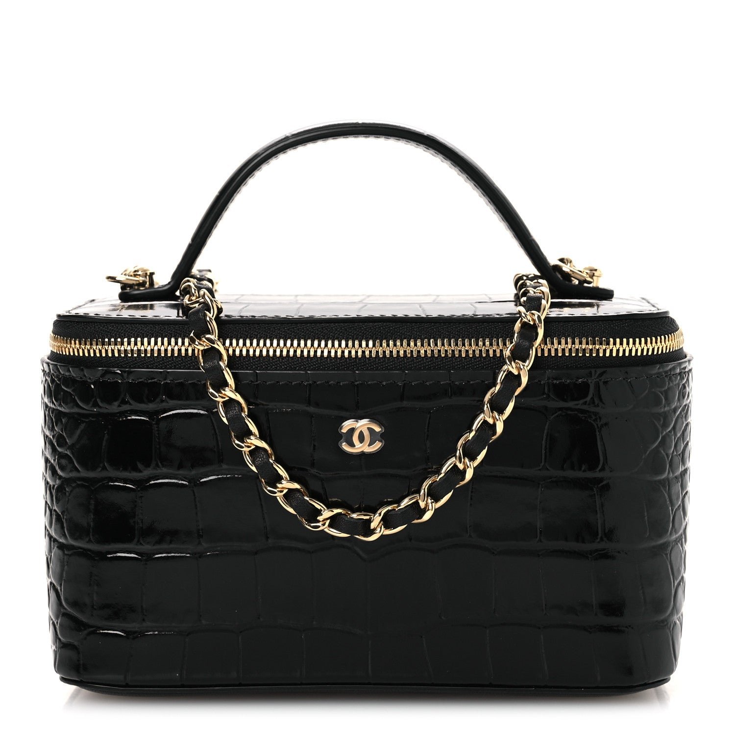Chanel Calfskin Crocodile Embossed Crococo Small Top Handle Vanity Case With Chain Black