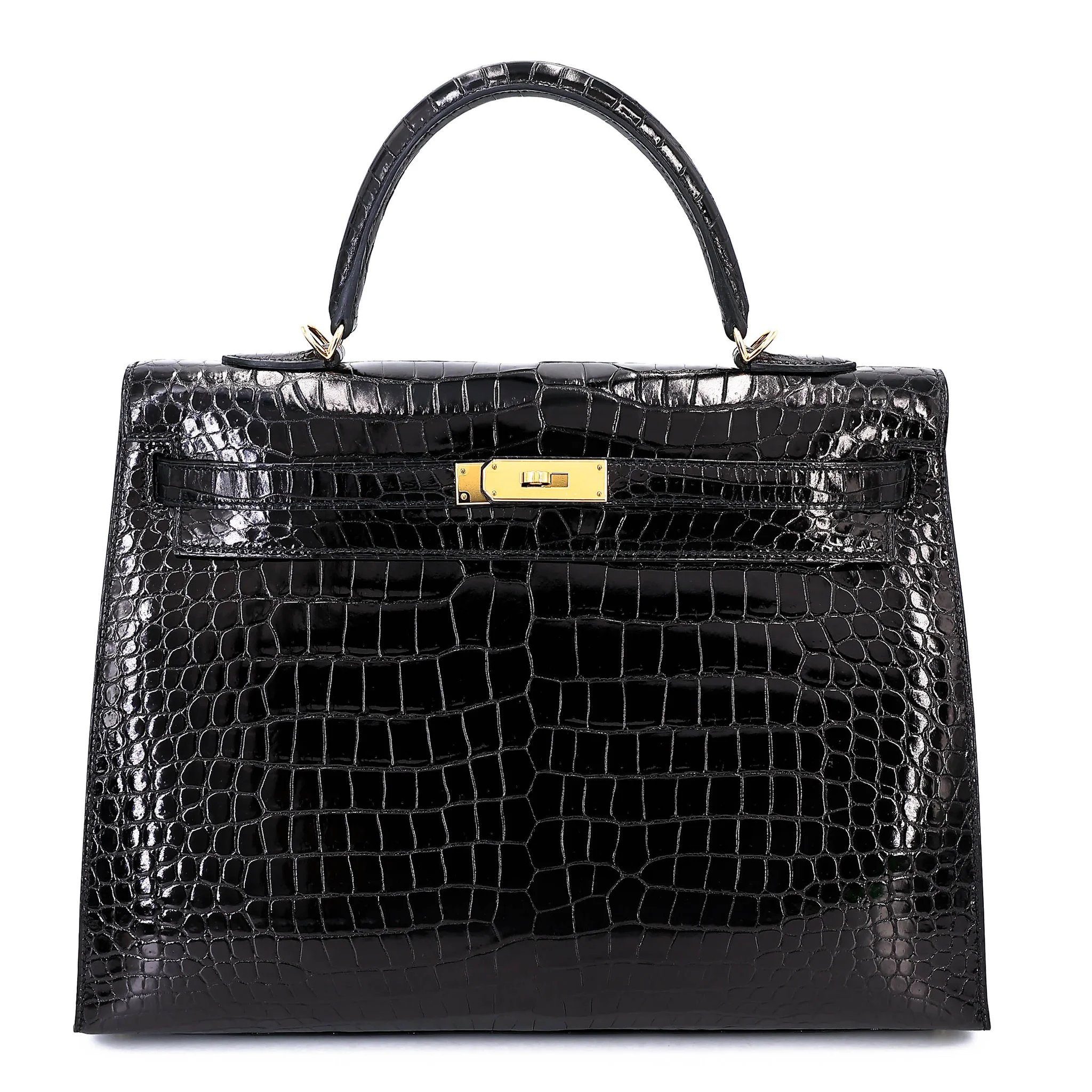 Excellent ( Rank SA ) HERMÈS Kelly 35 Seiller Noir (89) Shiny Porosus Crocodile Gold hardware T (2015)