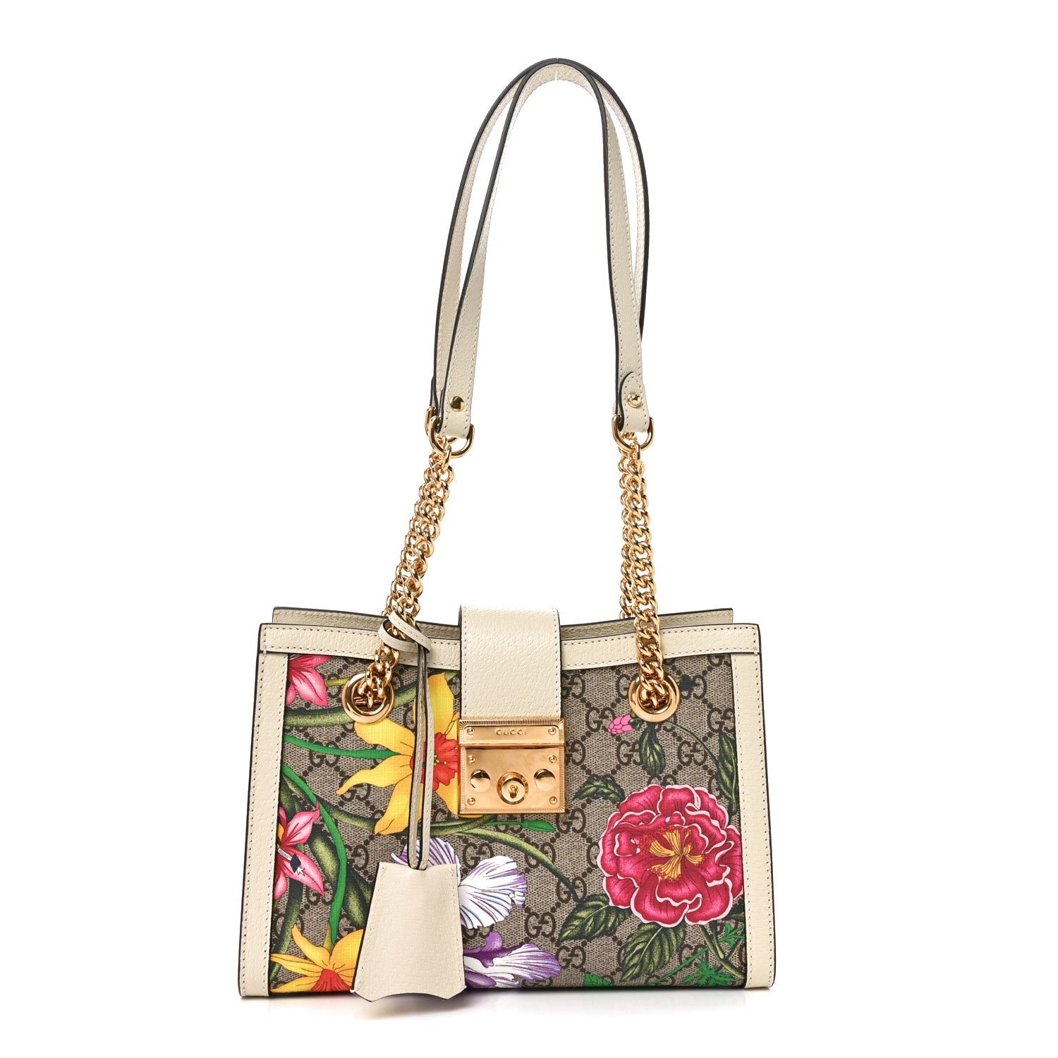 Gucci GG Supreme Monogram Flora Textured Calfskin Small Padlock Tote Beige Ebony Multicolor Mystic White