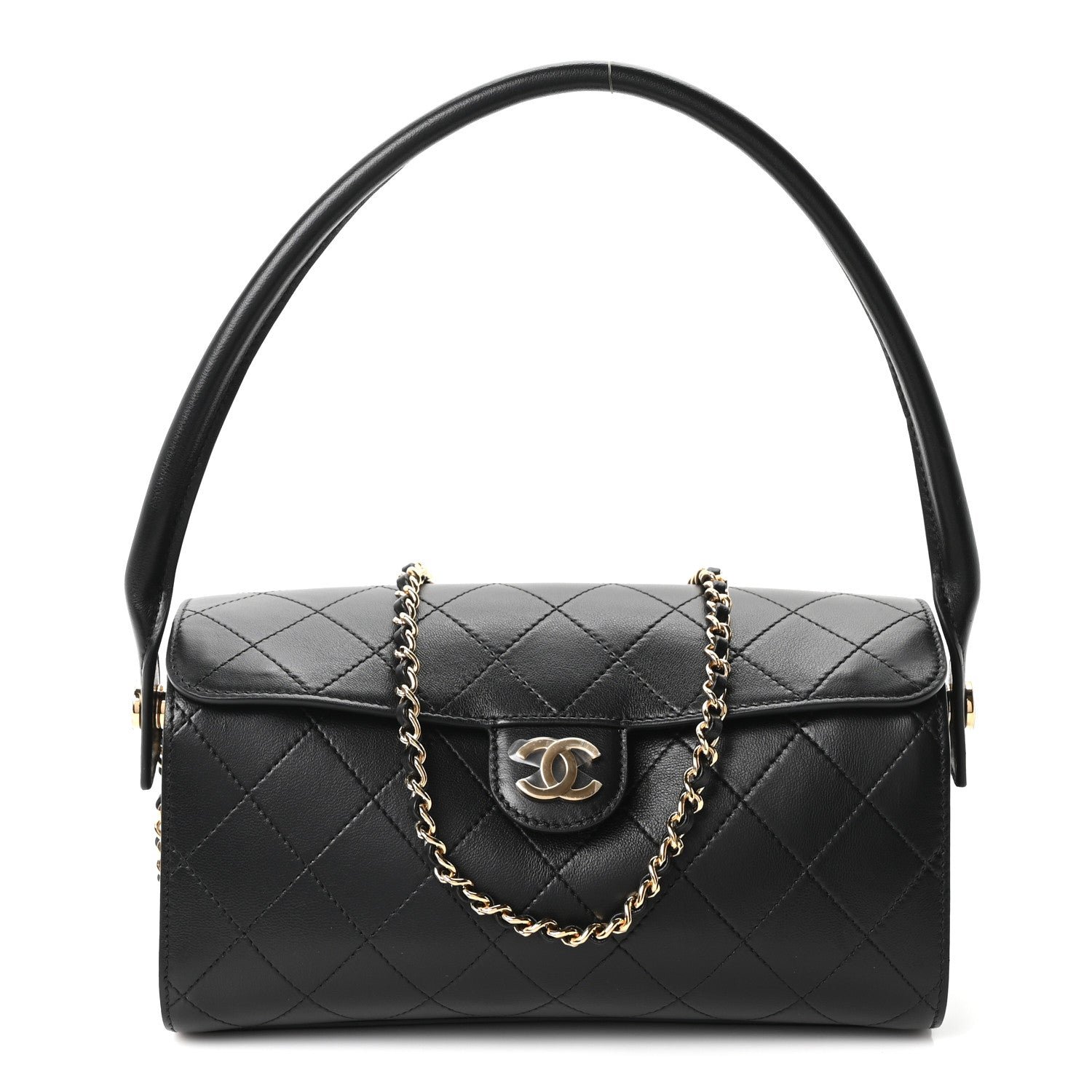 Chanel Lambskin Quilted Turn Around Clutch With Chain Black