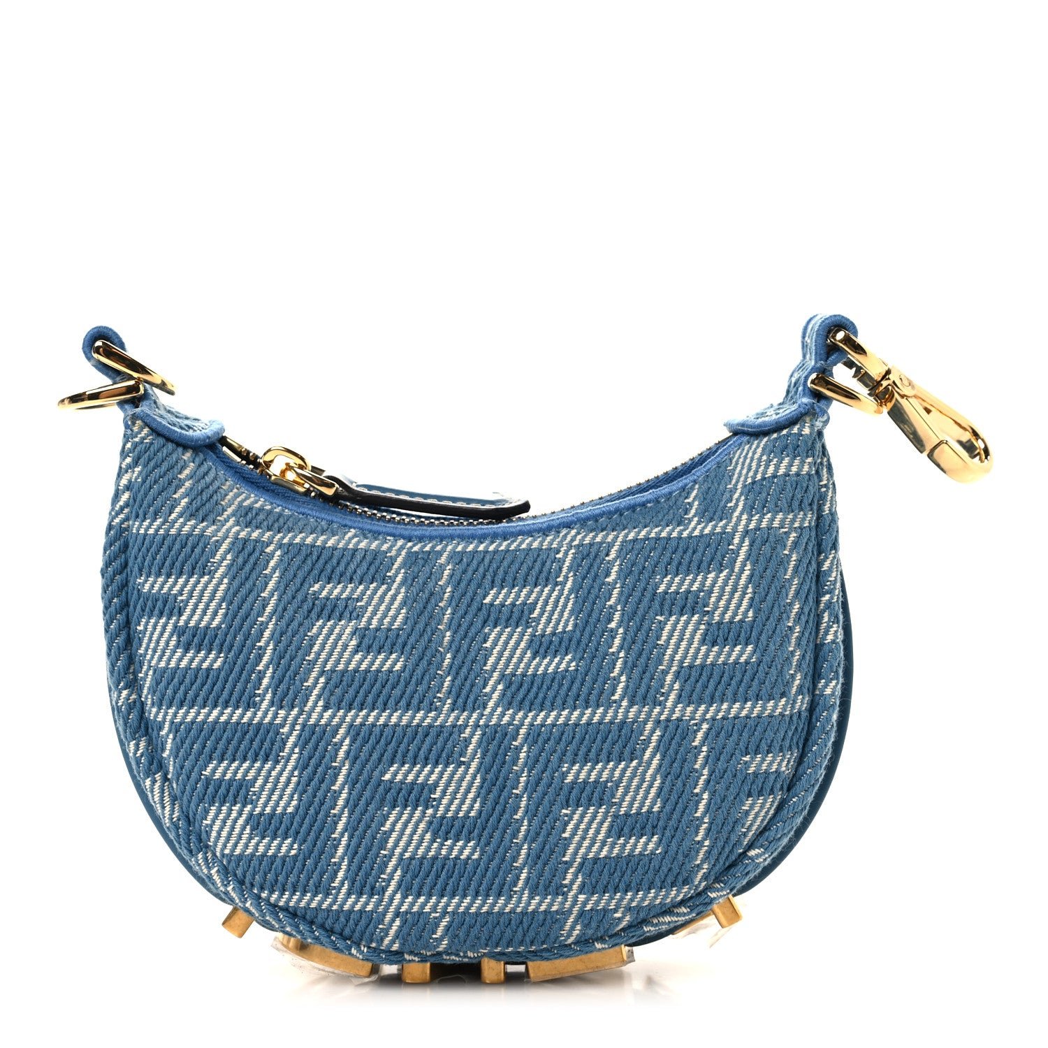 Fendi Denim Effect Fabric Jacquard FF 1974 Nano Fendigraphy Hobo Charm Blue White
