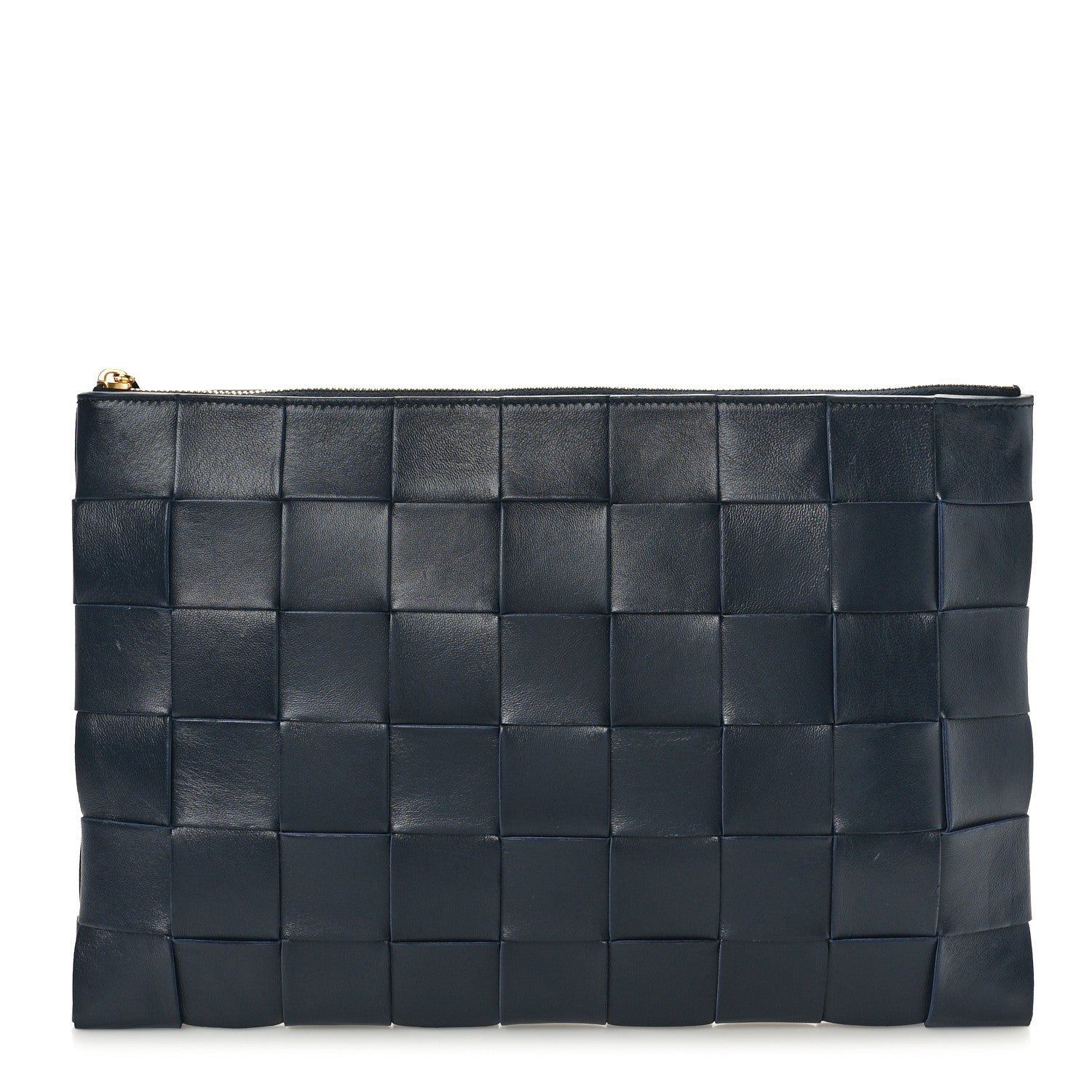 Bottega Veneta Nappa Maxi Intrecciato Large Cassette Flat Zip Pouch Navy Blue