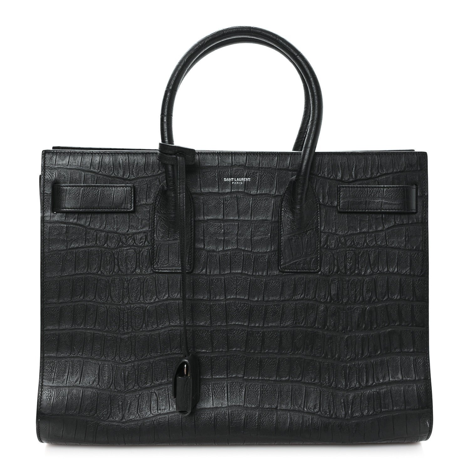 Saint Laurent Calfskin Crocodile Embossed Large Sac De Jour Carryall Black