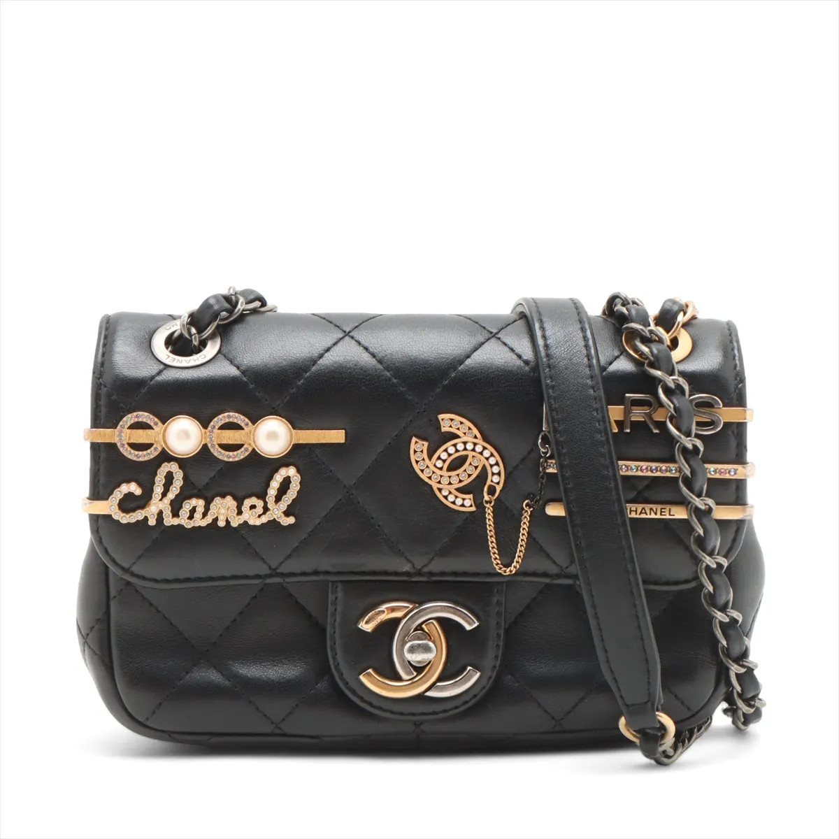 Chanel Matelasse Lambskin Single Flap Double Chain Bag Icon Black Gold x Silver