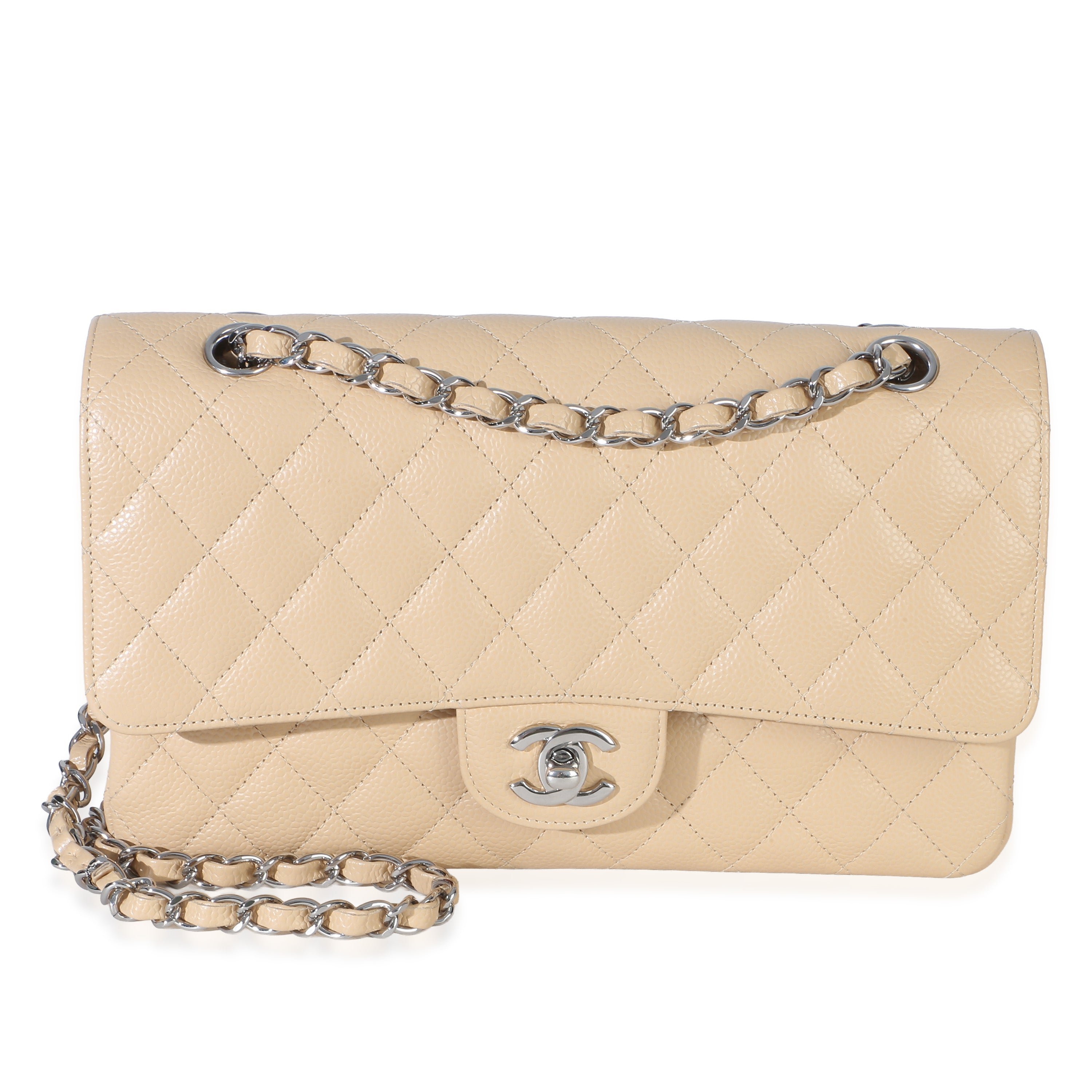 Beige Quilted Caviar Medium Double Flap Bag