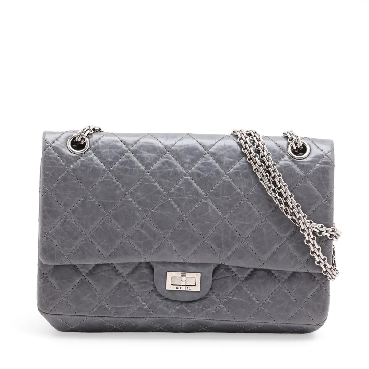 Chanel Matelasse 2.55 Large Vintage calf Double Flap Double Chain Bag Gray Gunme