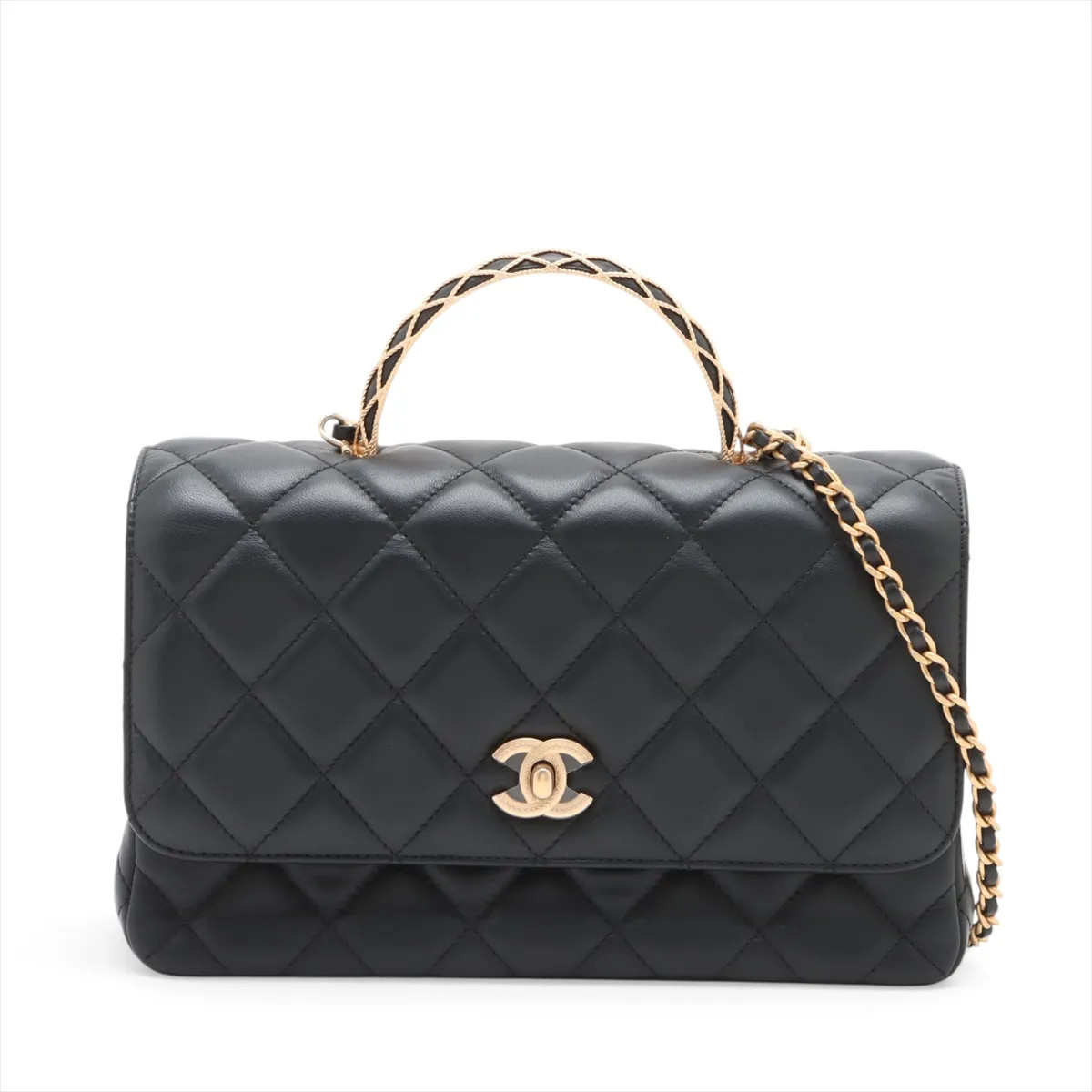 Chanel Matelasse Lambskin 2 Way Handbag Black Gold Metal Fittings random plate A
