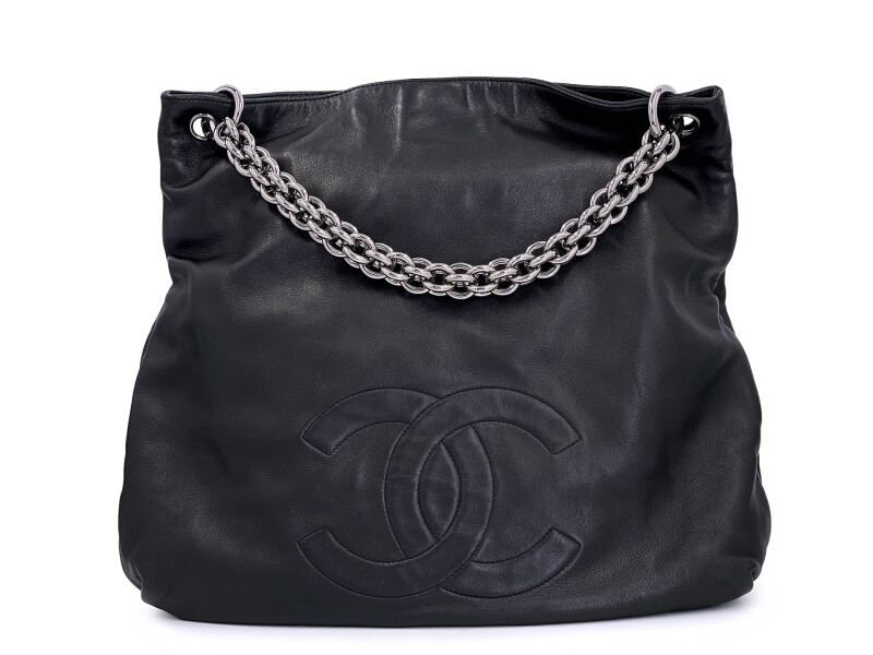 Black Lambskin Chunky Soft and Chain Hobo Tote Bag Ruthenium Hardware, 2007