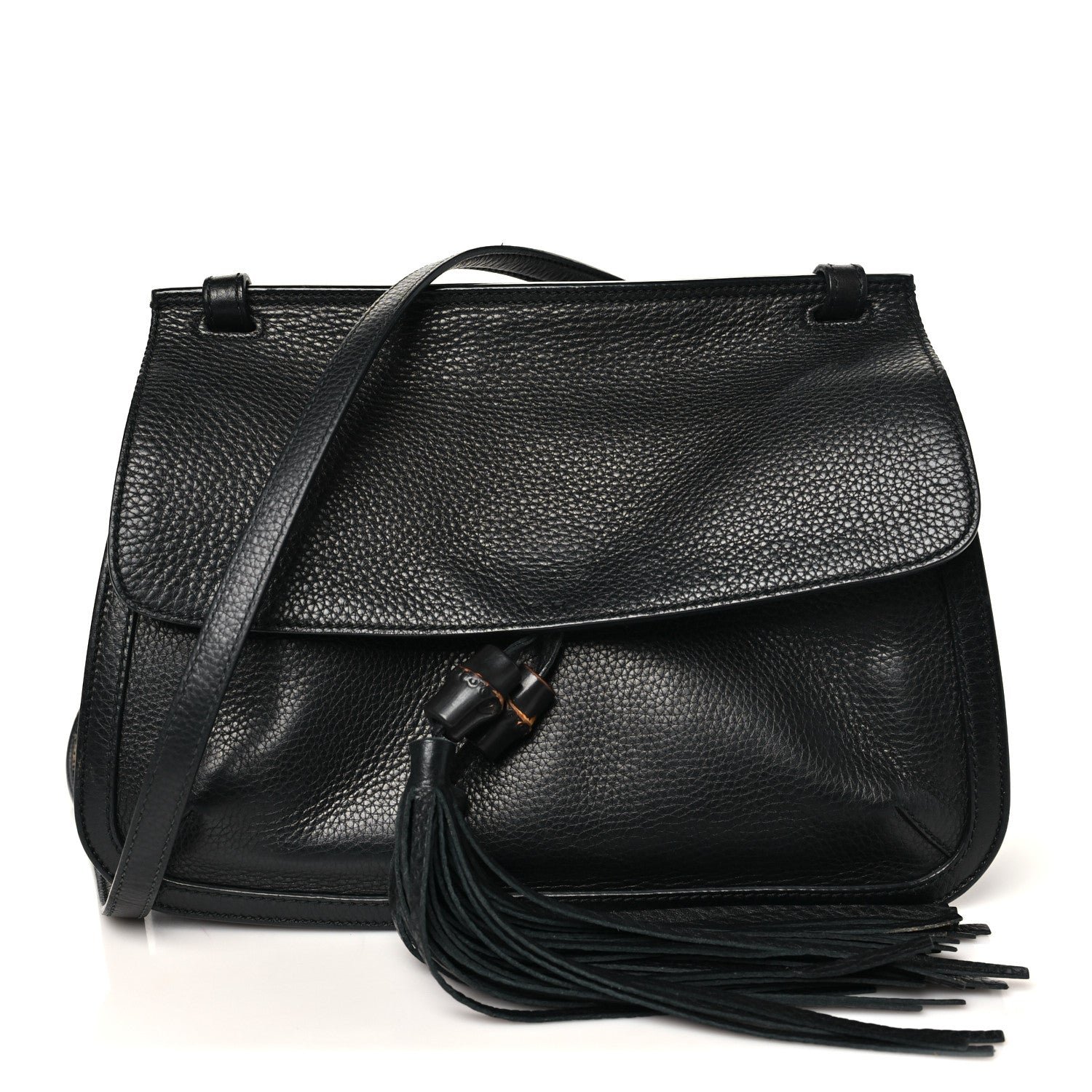 Gucci Pebbled Calfskin Medium Bamboo Daily Flap Shoulder Bag Black