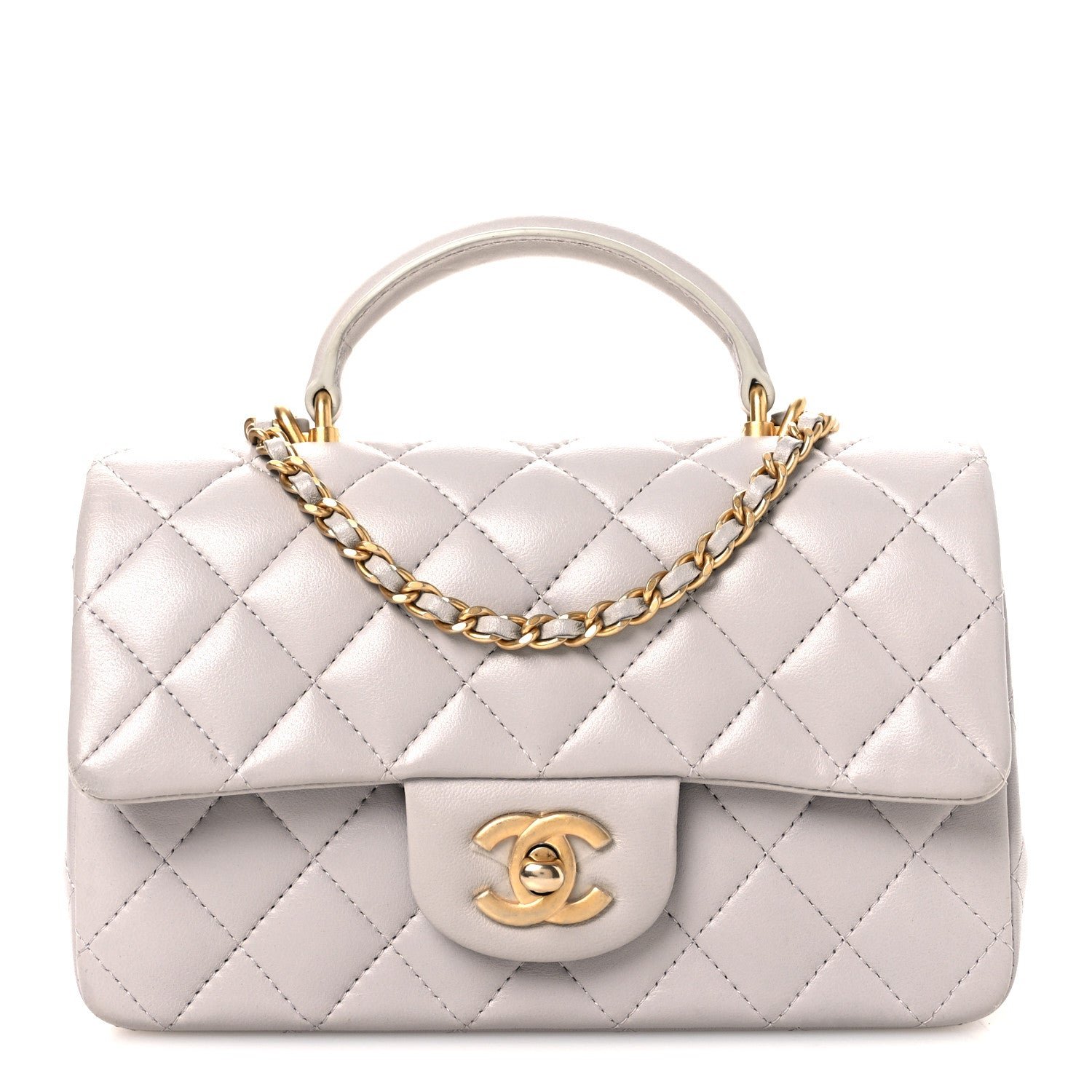 Chanel Lambskin Quilted Mini Top Handle Rectangular Flap Grey