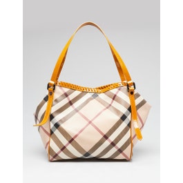 Burberry Burberry Yellow Patent Leather Nova Check Coated Canvas Small Canterbury Tote Bag