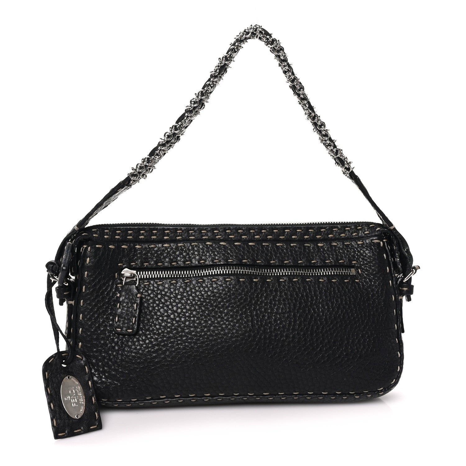 Fendi Calfskin Romano Selleria Chain Shoulder Bag Black