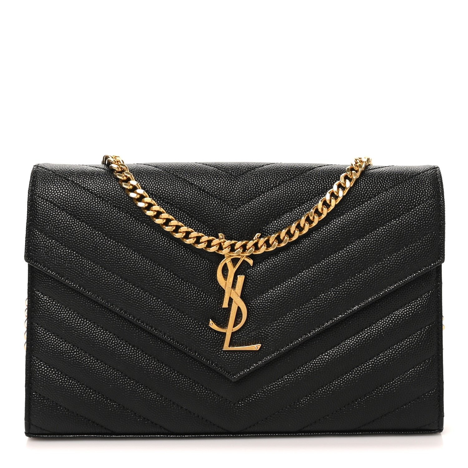 Saint Laurent Grain De Poudre Matelasse Chevron Monogram Chain Wallet Black