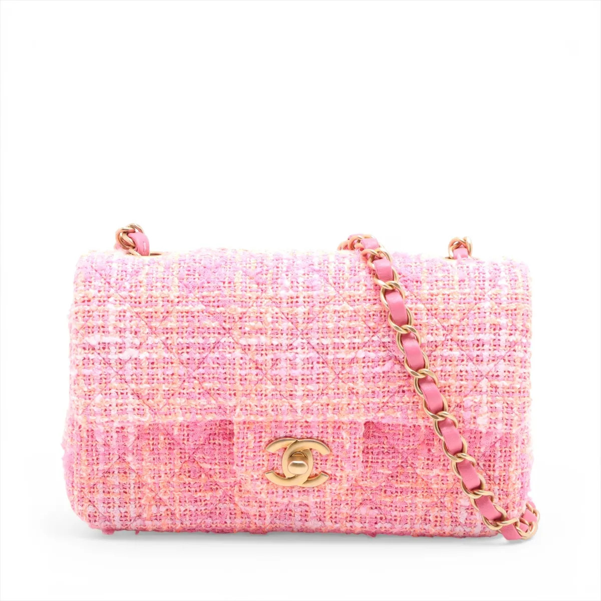 Chanel Mini Matelasse 20 Tweed x Leather Single Flap Single Chain Bag Pink Gold