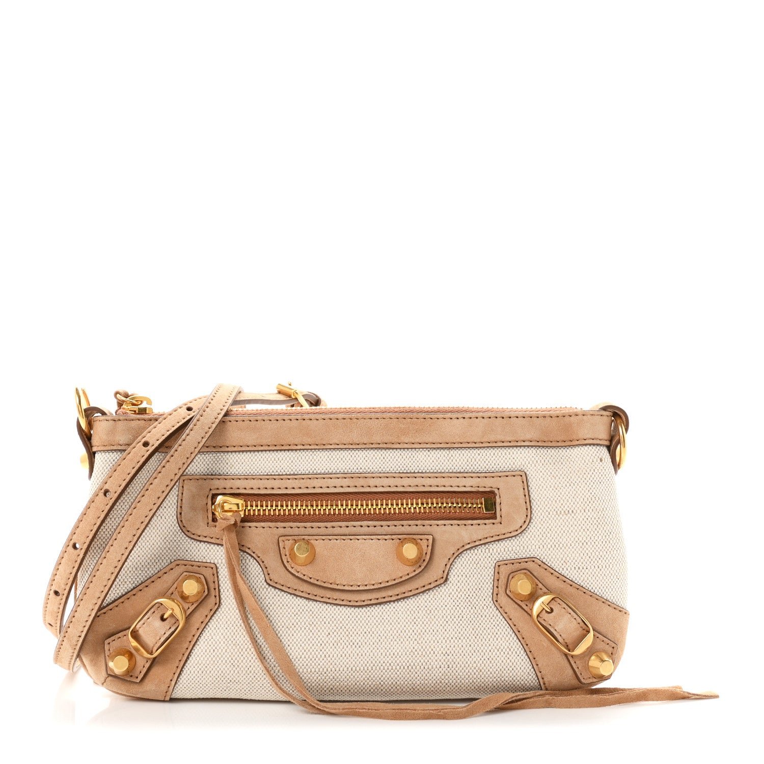 Balenciaga Canvas Suede Classic Gold Hardware Le City Pouch On Strap Beige Camel