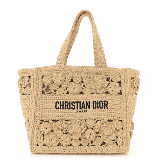 Dior Woven Raffia Floral Embellished Small Book Tote Natural