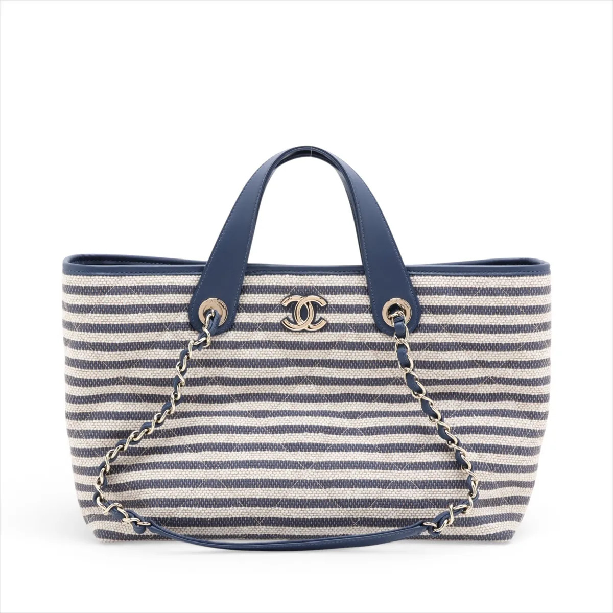 Chanel Deauville Mix Fiber × Lambskin 2 Way Tote Bag Navy x white Gold Metal Fit