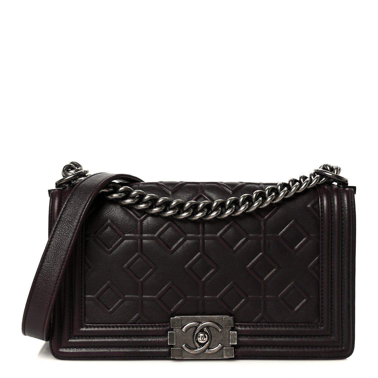 Chanel Calfskin Crystal Embossed Medium Boy Flap Plum
