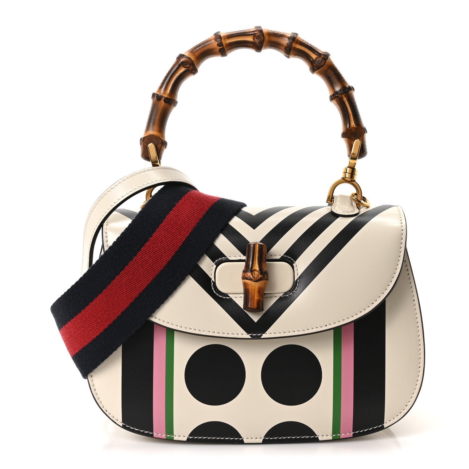 Gucci Calfskin Web Geometric Print Small Bamboo 1947 Top Handle Bag White Multi
