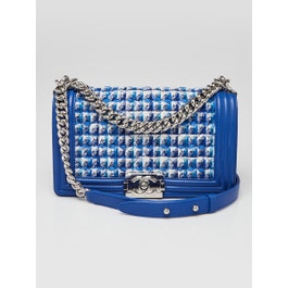 Chanel Blue/White Quilted Tweed and Leather Medium Boy Bag