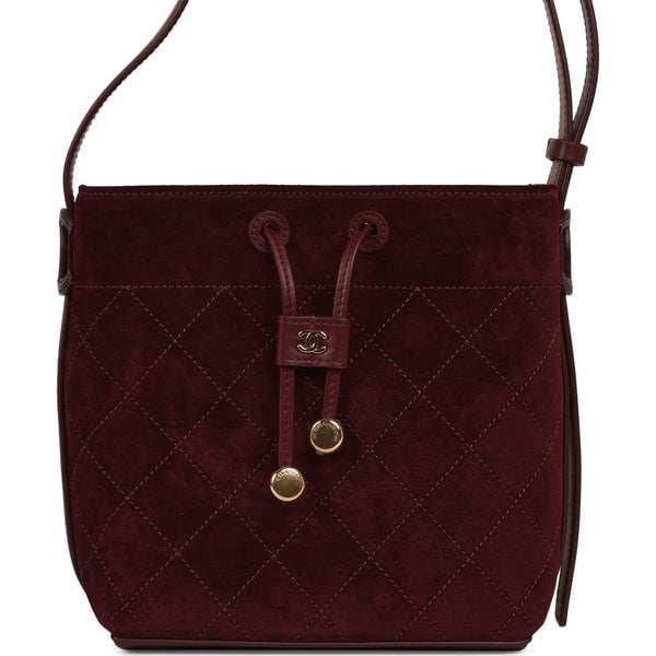 Chanel Small "CC Loop" Drawstring Bucket Bag with Leather Strap Dark Burgundy Suede, Calfskin Gold Hardware