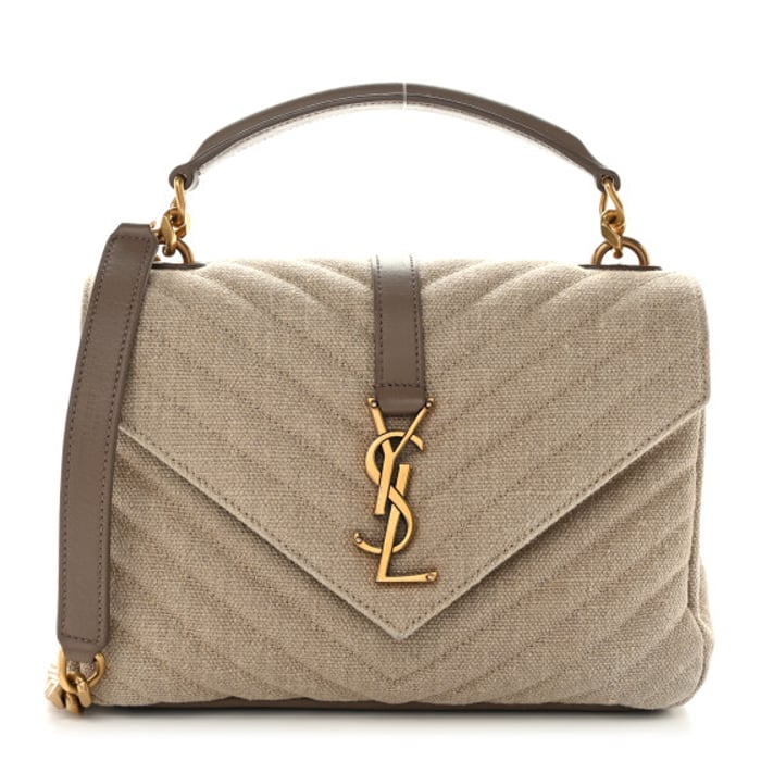 Saint Laurent Linen Quilted College Medium Chain Bag Taupe