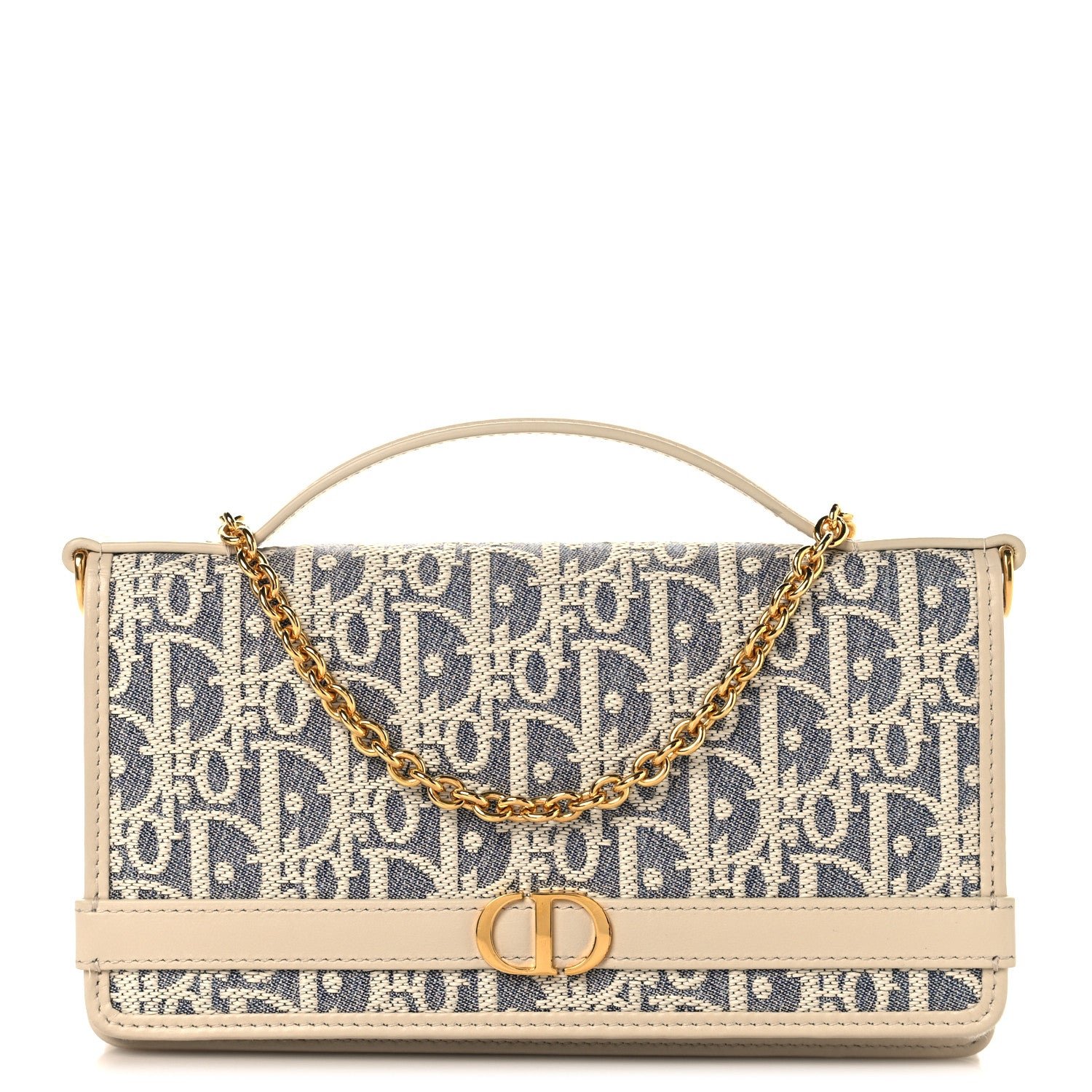 Christian Dior Oblique Chambray 30 Montaigne Cigale Pouch With Chain Blue Light Biscuit