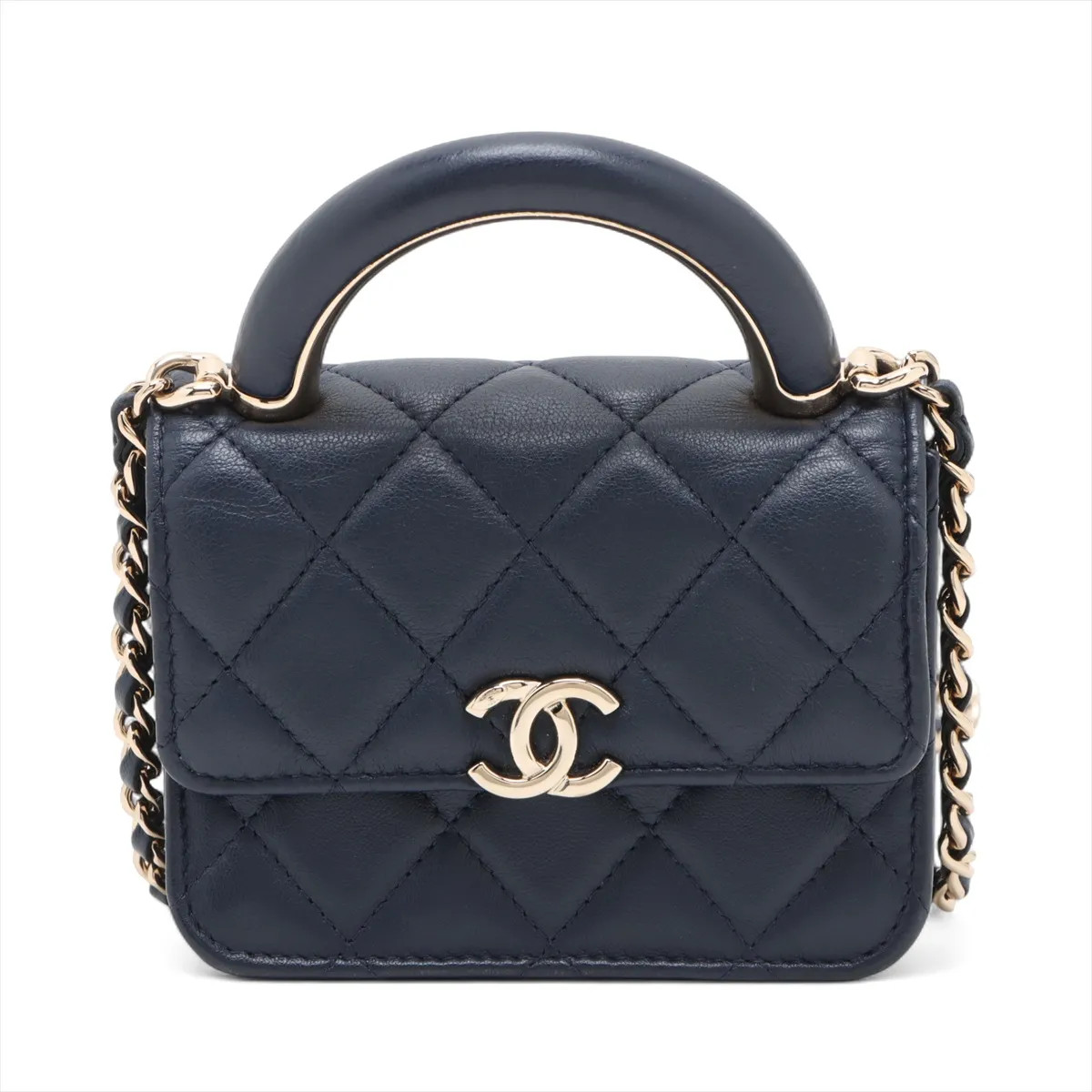 Chanel Matelasse Lambskin 2 Way Shoulder Bag Top Handle Navy Blue Gold Metal Fit