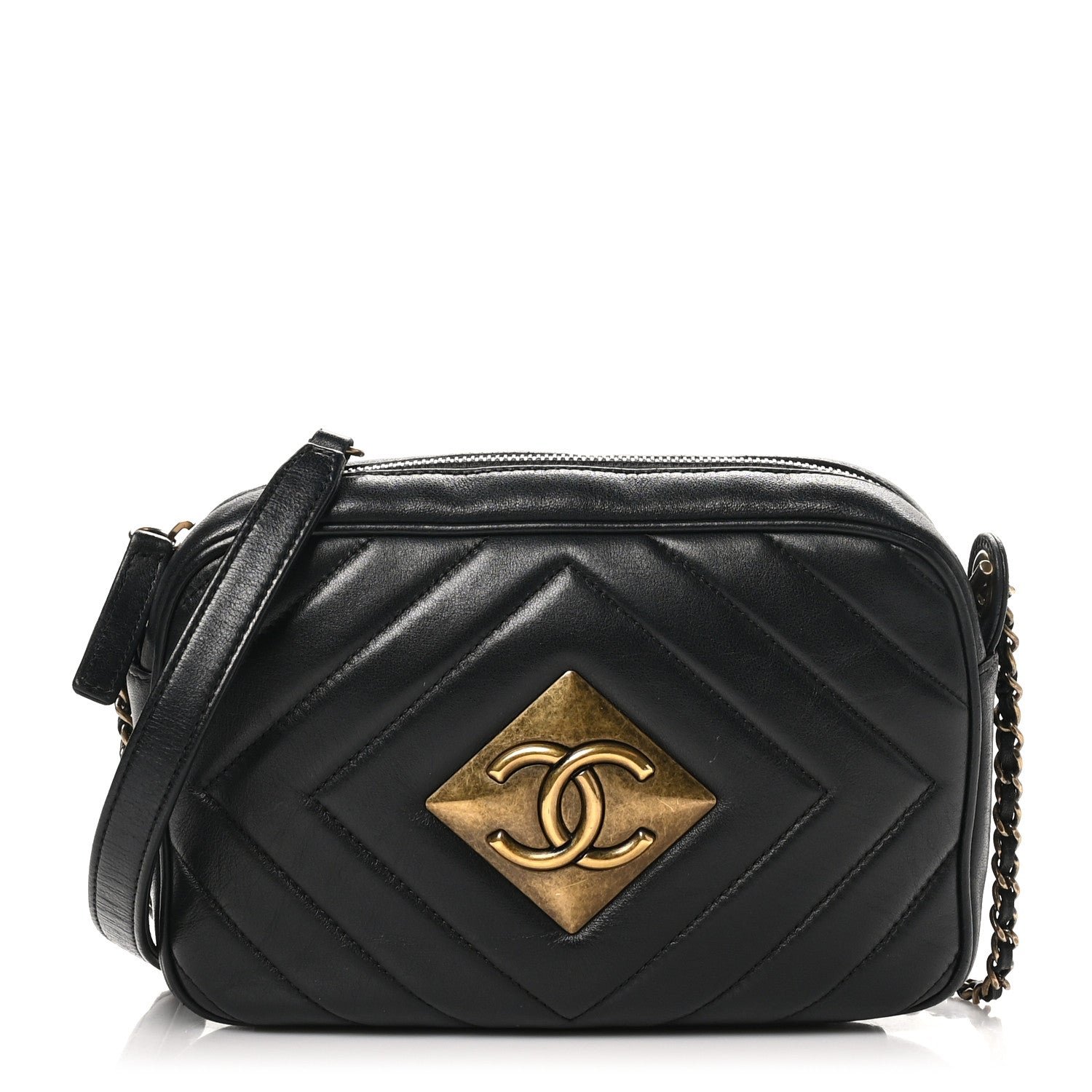 Chanel Lambskin Chevron Quilted Pyramid CC Camera Case Black