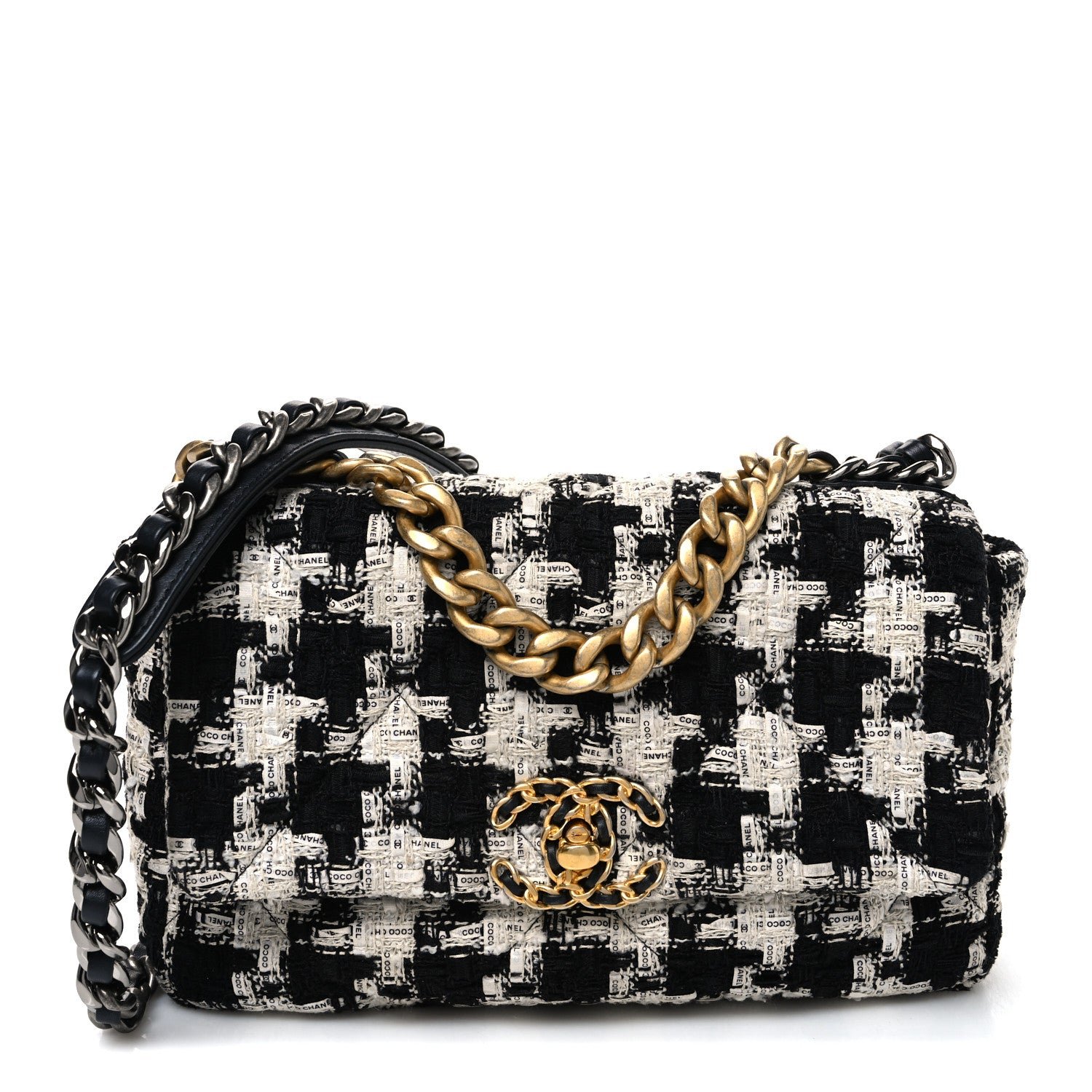 Chanel Tweed Quilted Medium Chanel 19 Flap Black Ecru White