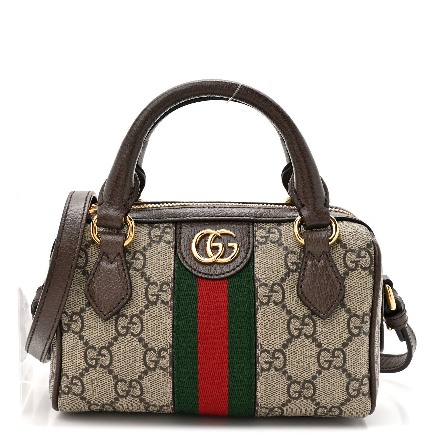Gucci GG Supreme Monogram Textured Dollar Calfskin Web Super Mini Ophidia Top Handle Bowler Bag Beige Ebony New Acero