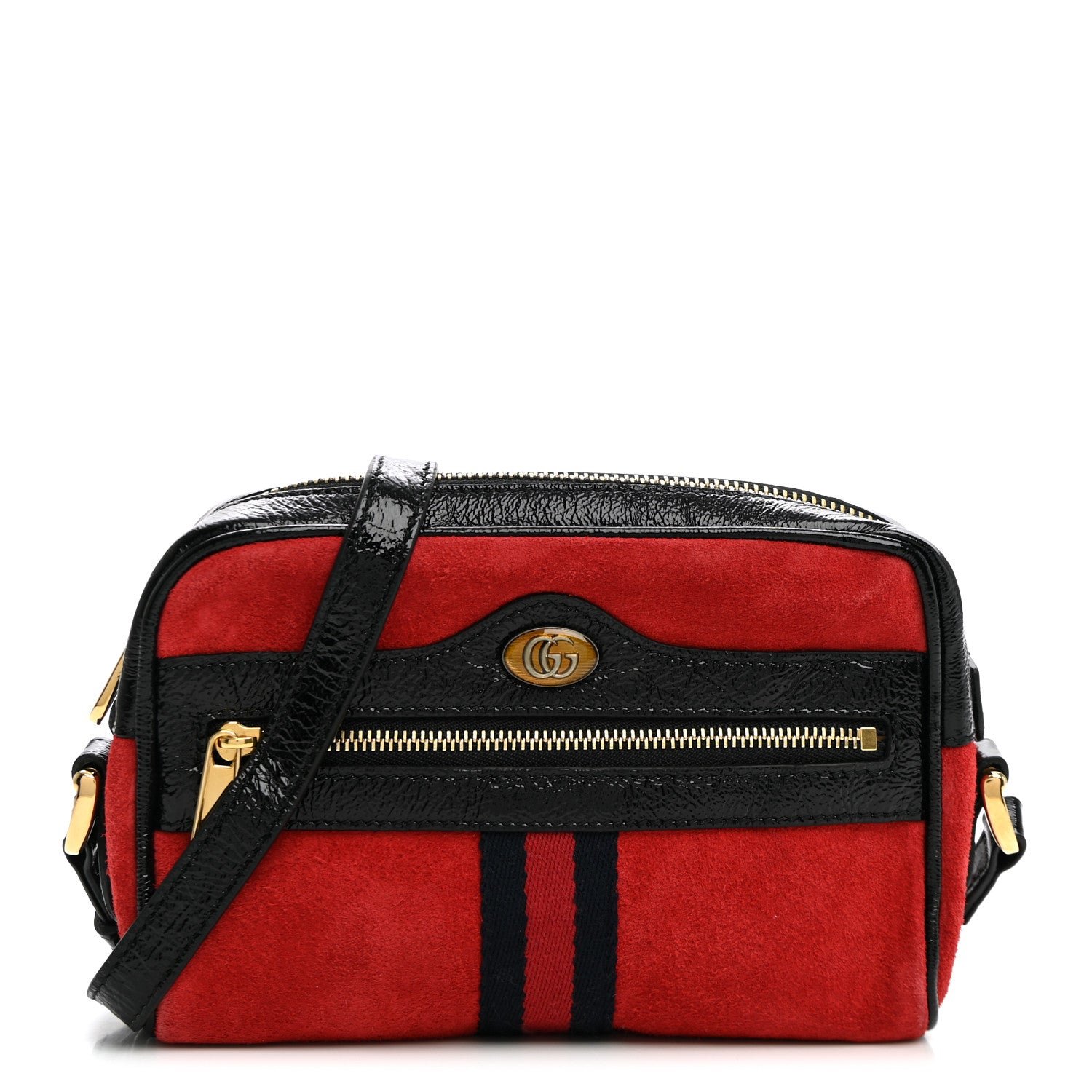 Gucci Suede Patent Web Mini Ophidia Shoulder Bag Hibiscus Red Black