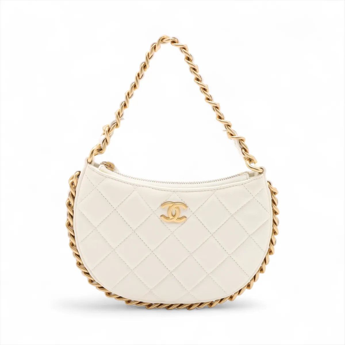 Chanel Matelasse Lambskin Chain Shoulder Bag Half Moon White Gold Metal Fittings