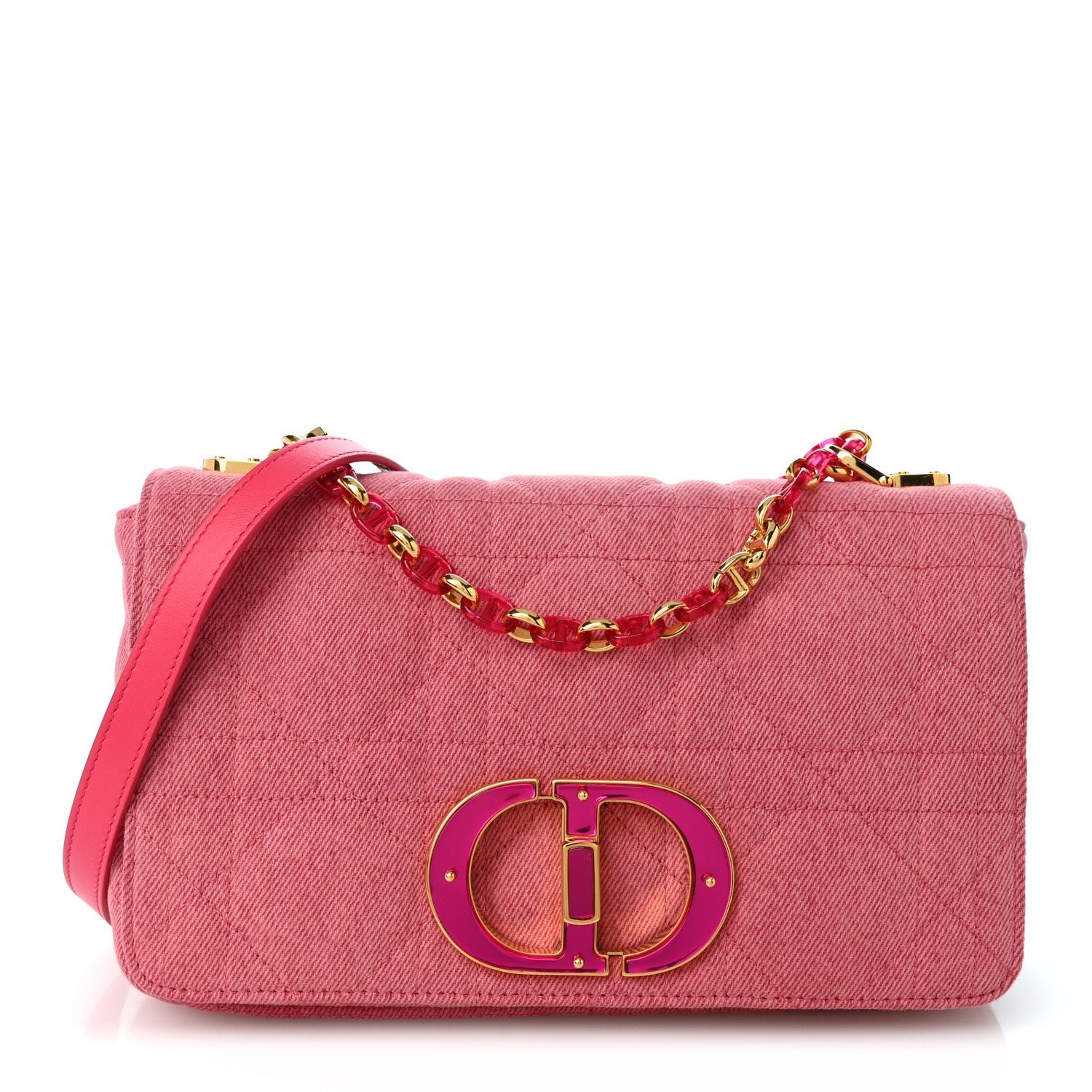 Christian Dior Denim Macrocannage Medium Caro Bag Fuchsia Multicolor