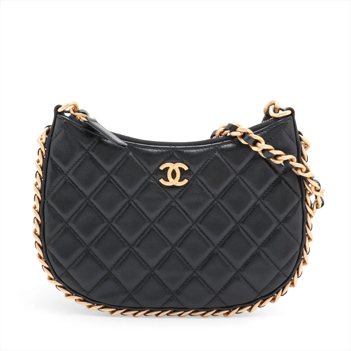Chanel Matelasse Lambskin Chain Shoulder Bag Hobo Black Gold Metal Fittings rand