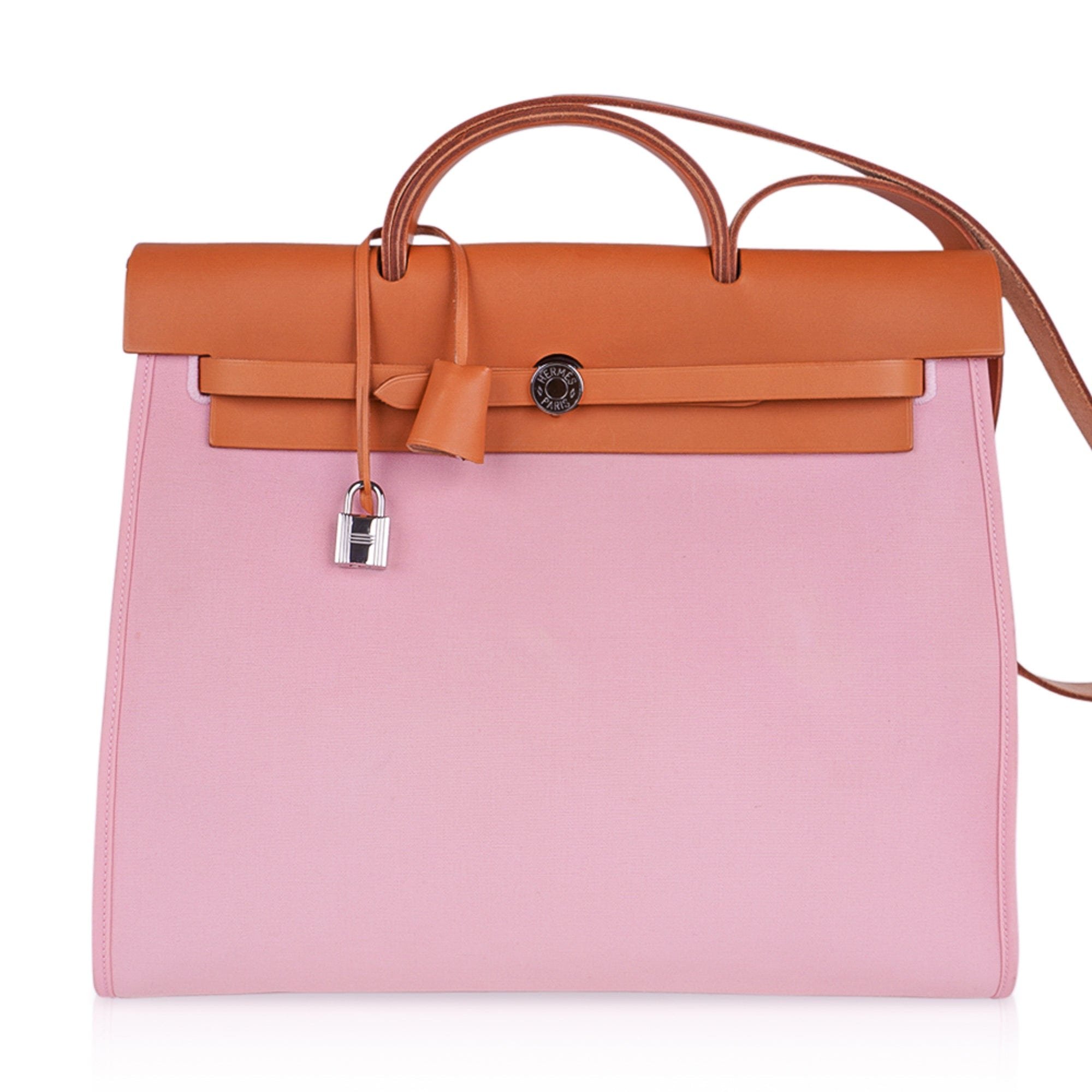 Hermes Hermes Herbag Zip 39 GM Bag Rose Sakura Canvas Vache Hunter Leather with Palladium Hardware