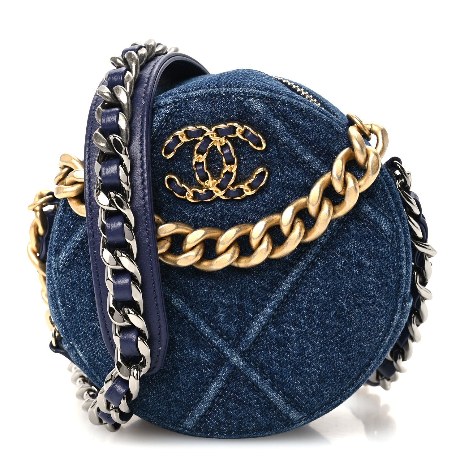 Chanel Denim Quilted Chanel 19 Round Clutch With Chain Blue