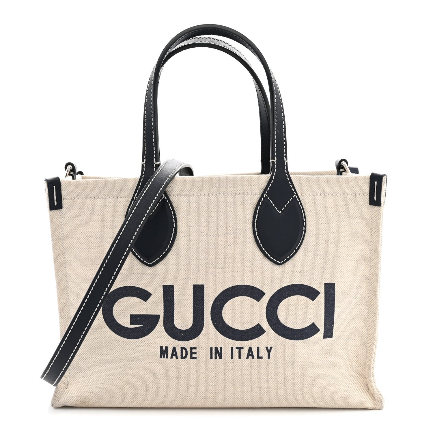 Gucci Canvas Calfskin Logo Print Medium Tote Bag Navy