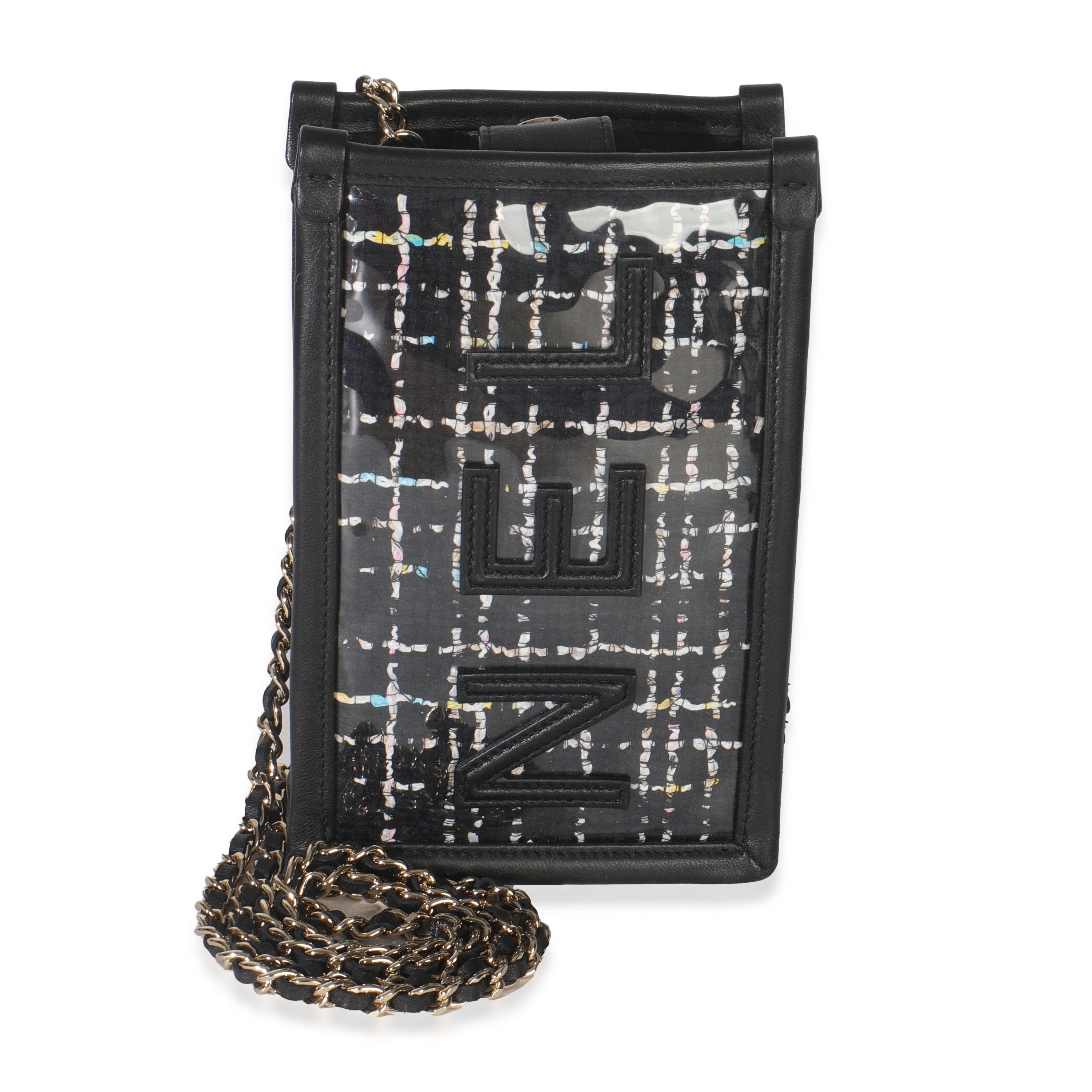 Chanel Black Tweed PVC Logo Pouch With Chain