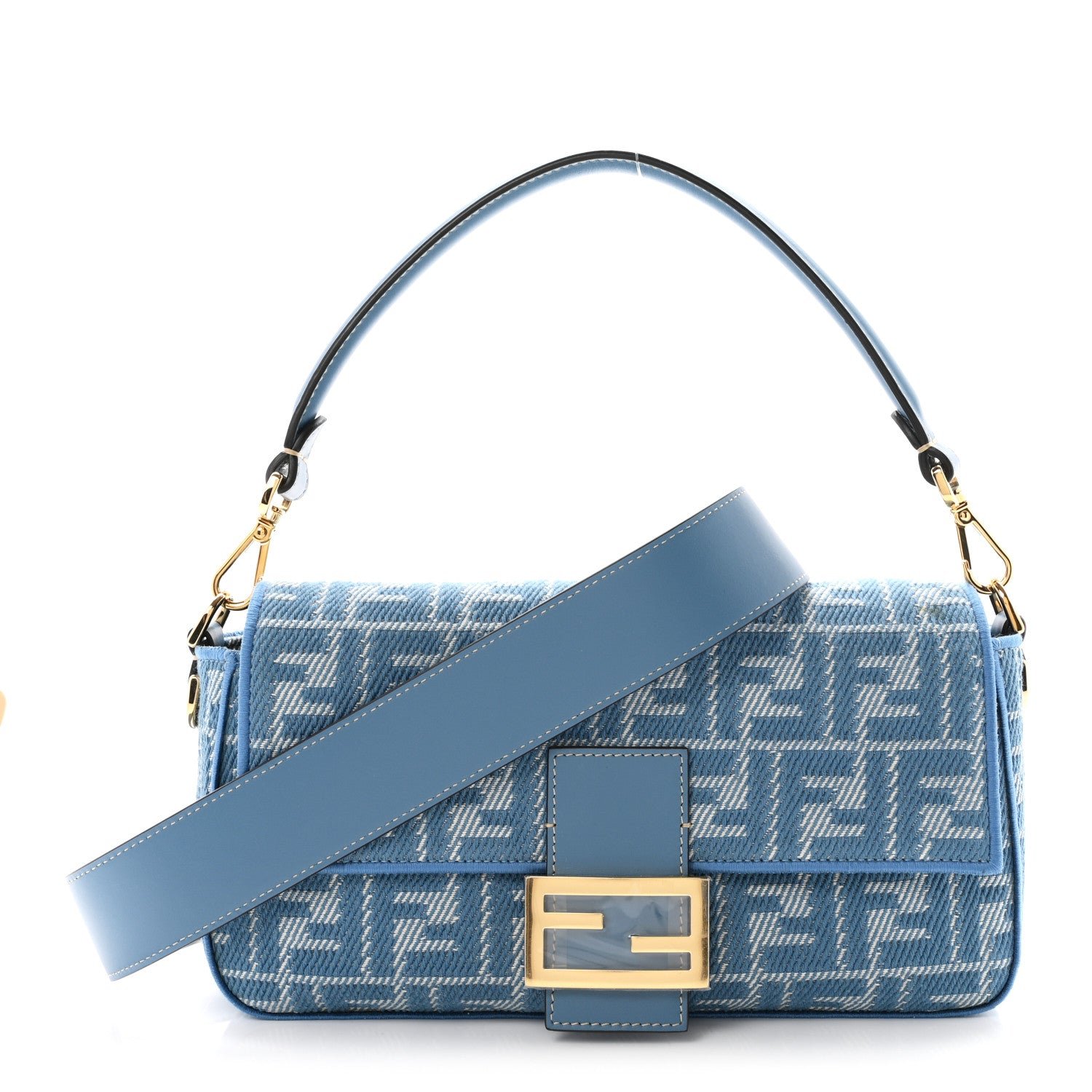 Fendi Denim Effect Fabric Jacquard FF Vitello Grace Mamma Baguette Blue