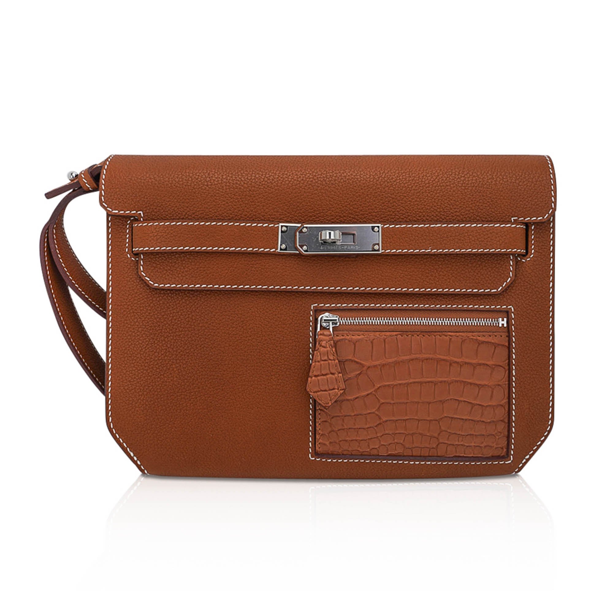 Hermes Hermes Kelly Depeches Pouch 25 Bag Fauve Barenia Faubourg Leather and Gold Matte Alligator with Palladium Hardware