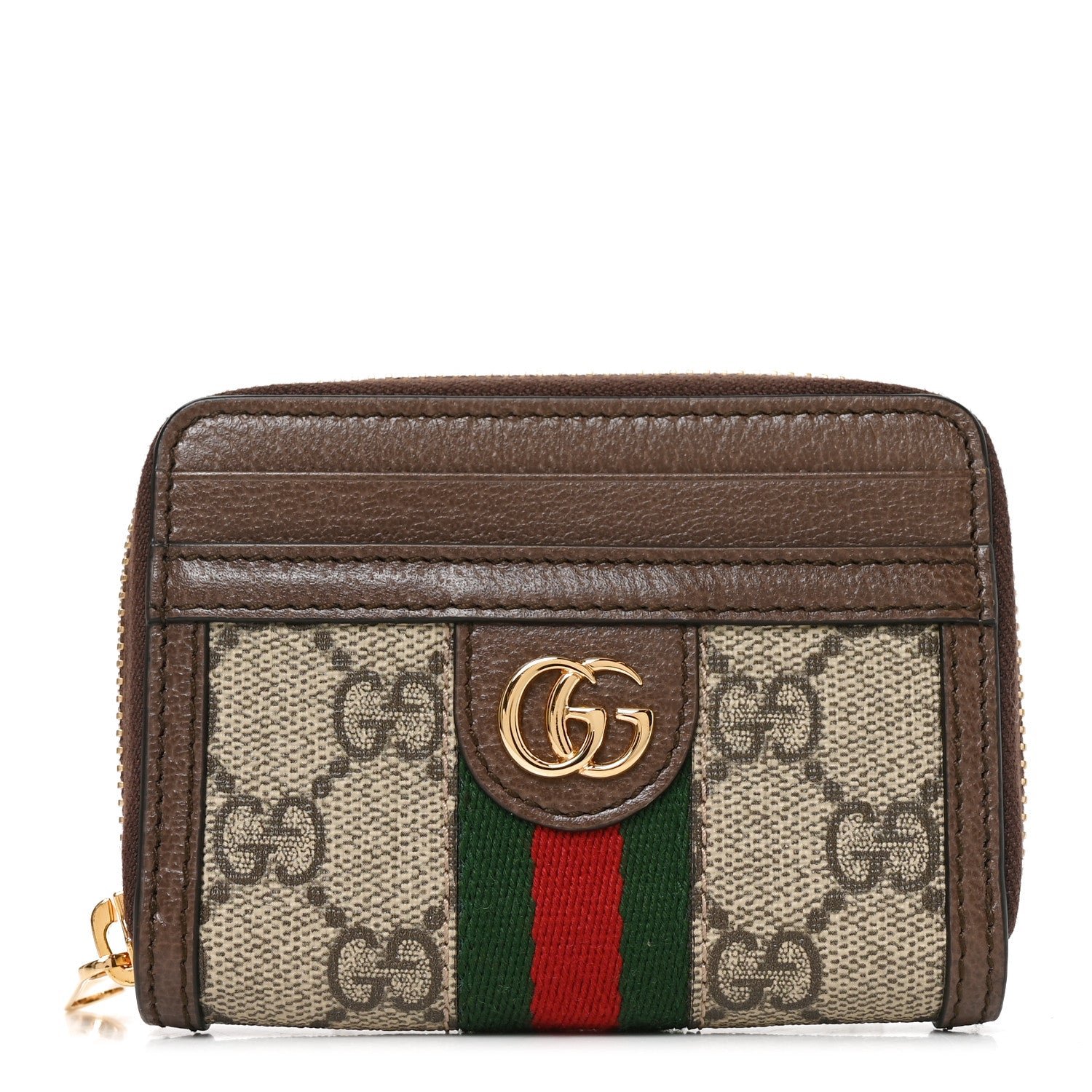 Gucci GG Supreme Monogram Textured Dollar Calfskin Web Ophidia Zip Around Card Case Wallet Beige Ebony New Acero
