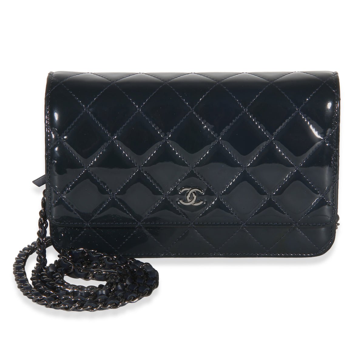 Navy Quilted Patent Wallet On Chain