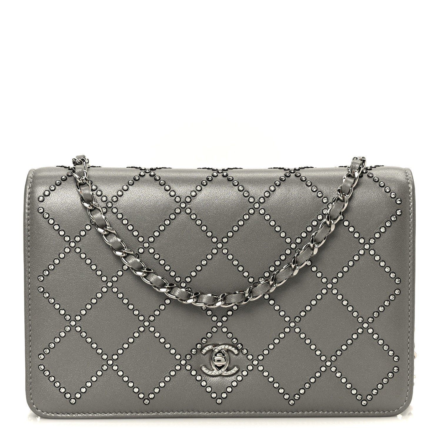 Chanel Lambskin Crystal Quilted Wallet On Chain WOC Grey