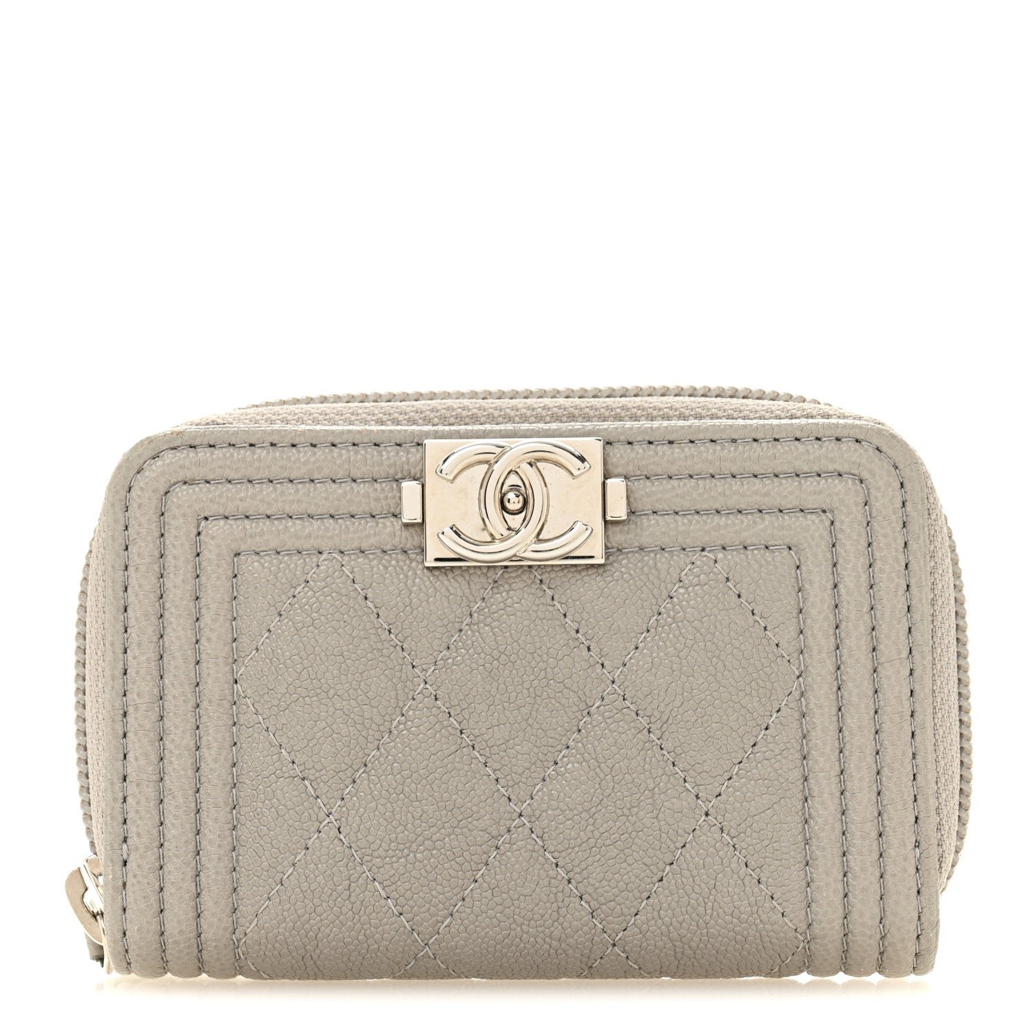 Chanel Caviar Quilted Boy Zip Around Coin Purse Wallet Grey